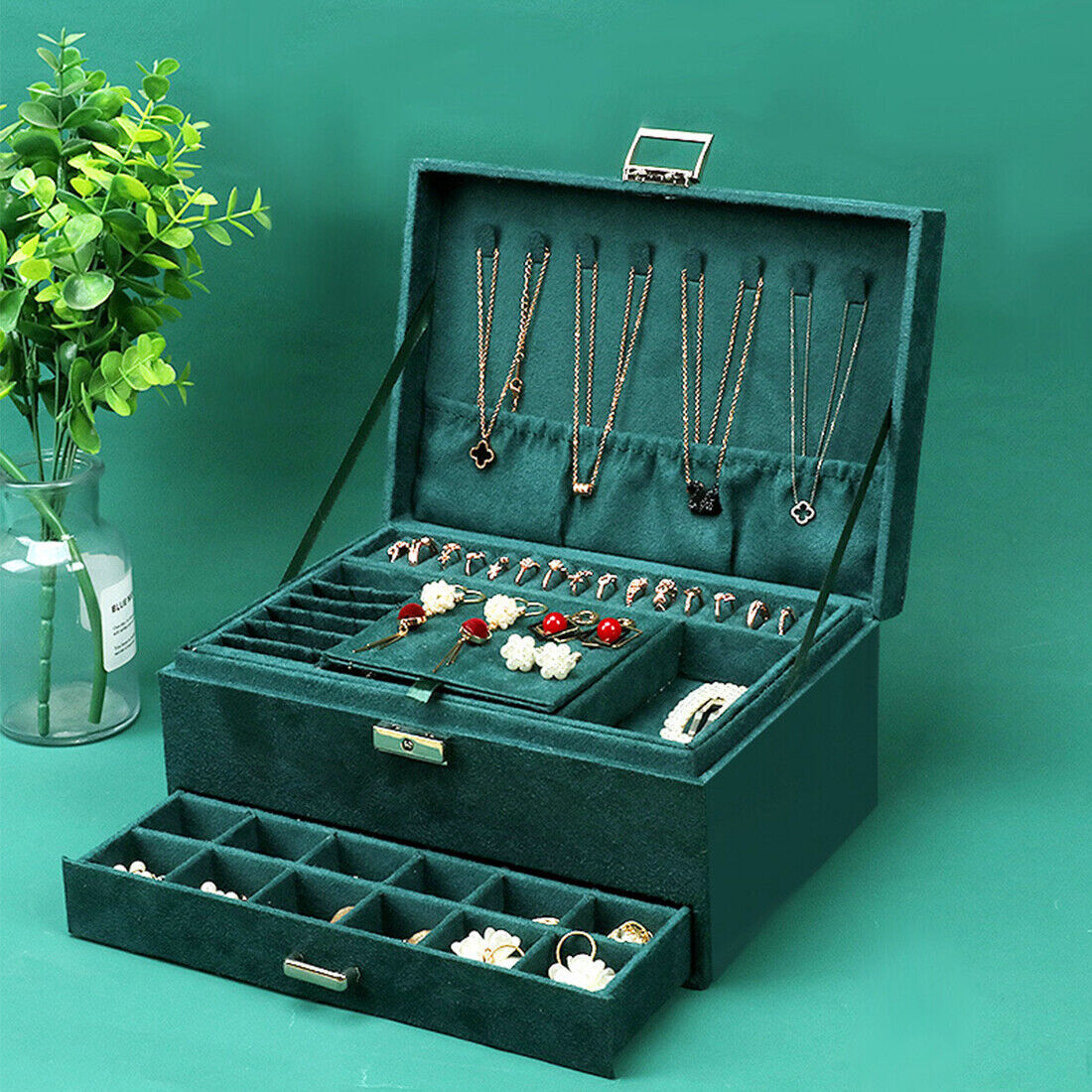 3 Layer Grey Jewellery Box Organizer Rings Necklaces Jewellry Storage Case Box