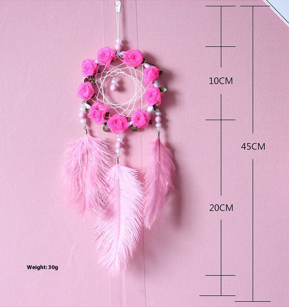 Women's Dreamcatcher Wind Chimes Room Decorative Pink Ostrich Feather Ornaments
