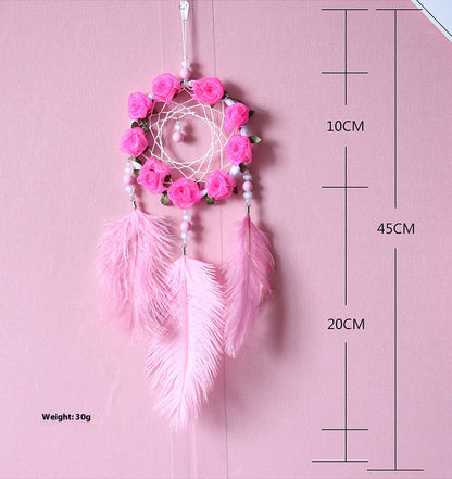 Women's Dreamcatcher Wind Chimes Room Decorative Pink Ostrich Feather Ornaments