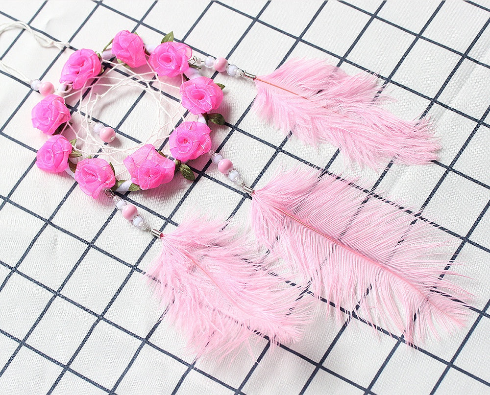 Women's Dreamcatcher Wind Chimes Room Decorative Pink Ostrich Feather Ornaments