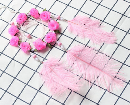 Women's Dreamcatcher Wind Chimes Room Decorative Pink Ostrich Feather Ornaments