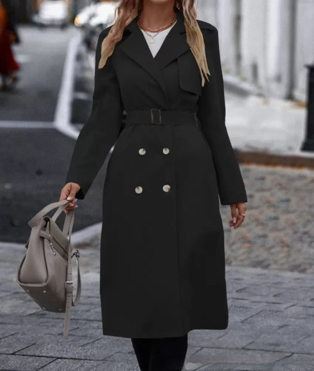 Lapel Double-breasted Trench Coat With Belt Winter Fashion Solid Color Long Jacket Outwear Women Clothing