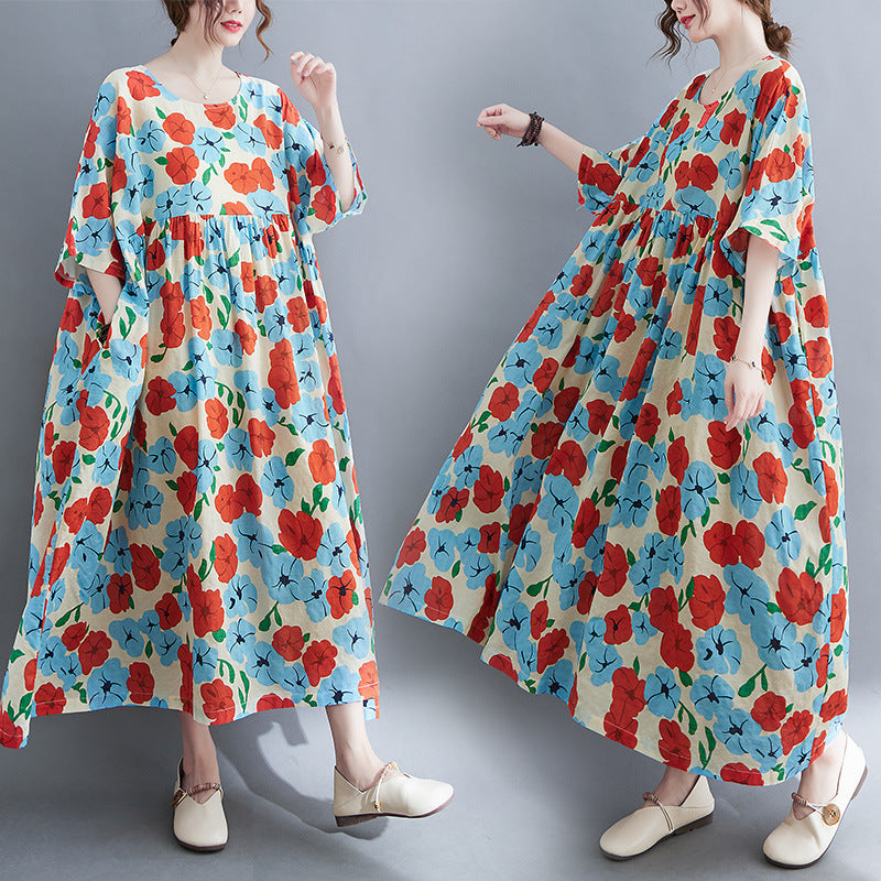 Artistic Large Size Loose Cotton And Linen Printed Short-sleeved Dress For Women