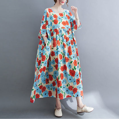 Artistic Large Size Loose Cotton And Linen Printed Short-sleeved Dress For Women
