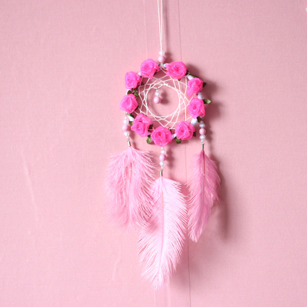 Women's Dreamcatcher Wind Chimes Room Decorative Pink Ostrich Feather Ornaments