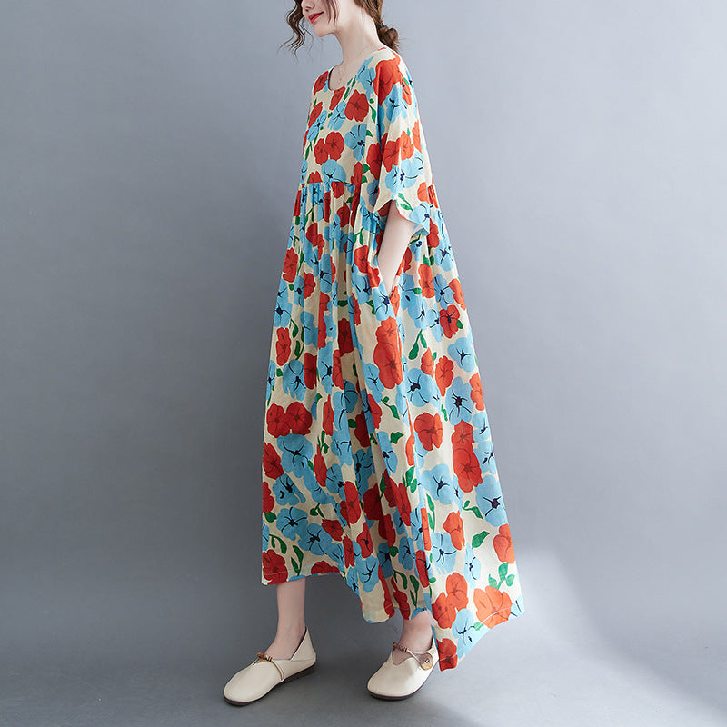 Artistic Large Size Loose Cotton And Linen Printed Short-sleeved Dress For Women