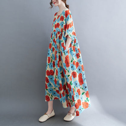Artistic Large Size Loose Cotton And Linen Printed Short-sleeved Dress For Women