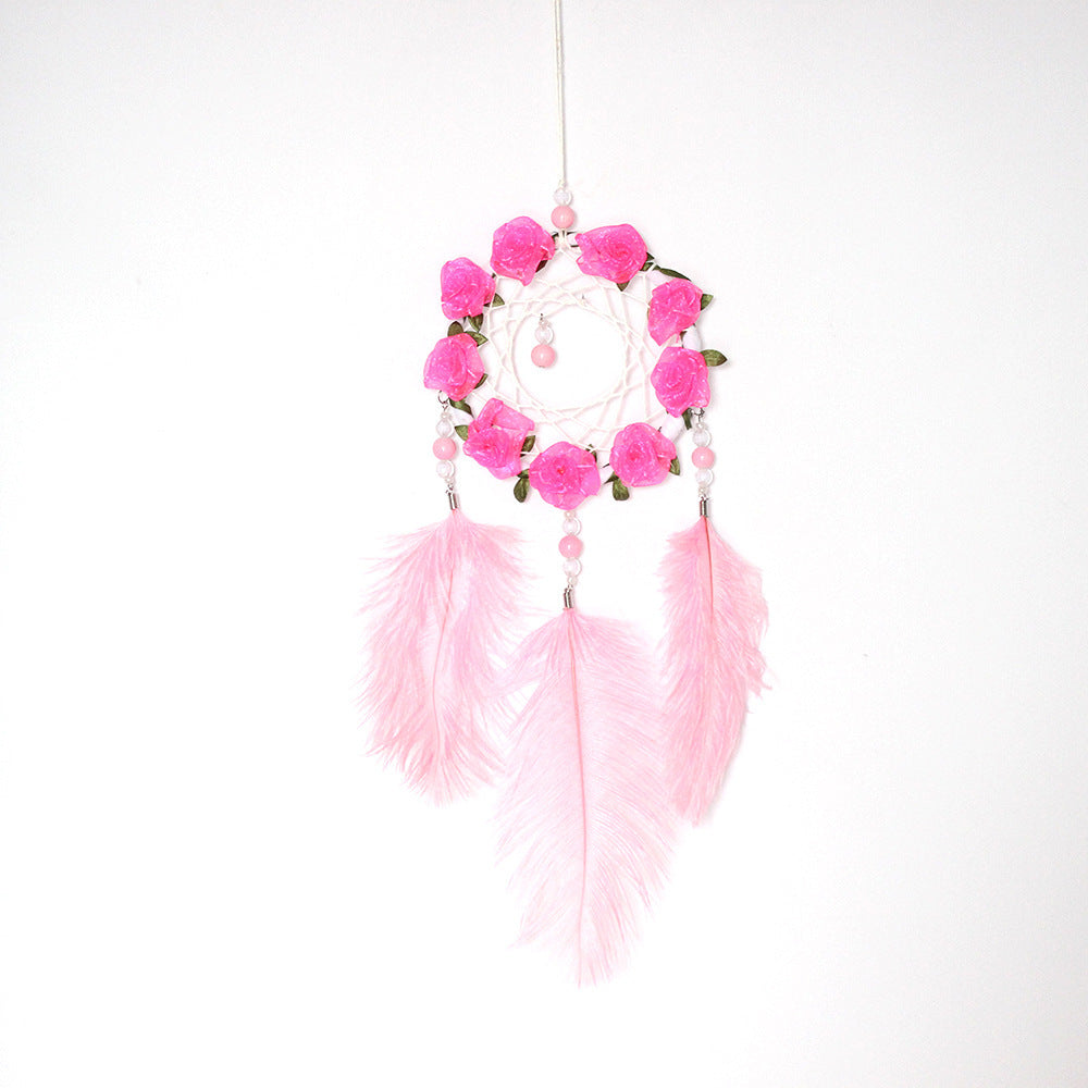 Women's Dreamcatcher Wind Chimes Room Decorative Pink Ostrich Feather Ornaments