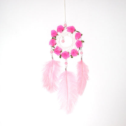 Women's Dreamcatcher Wind Chimes Room Decorative Pink Ostrich Feather Ornaments