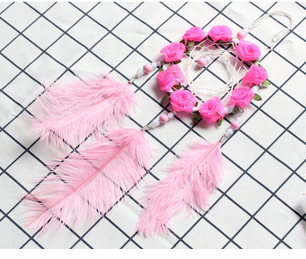 Women's Dreamcatcher Wind Chimes Room Decorative Pink Ostrich Feather Ornaments